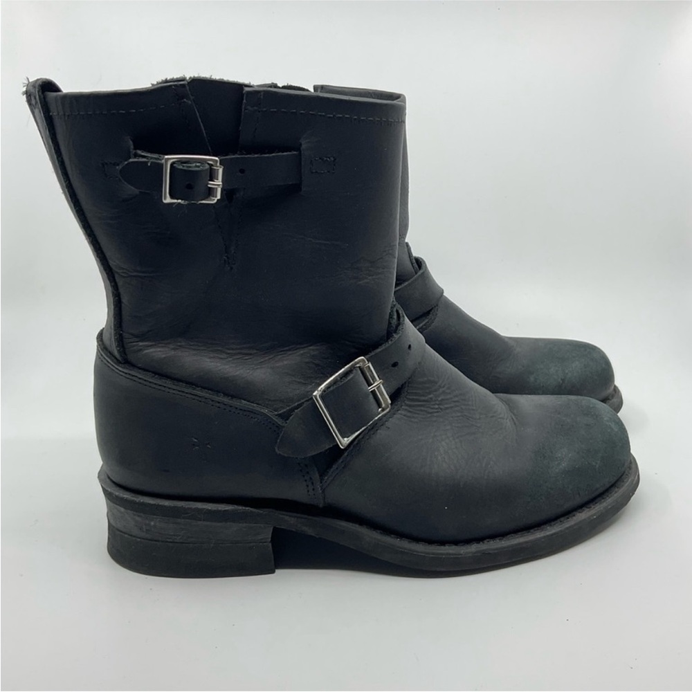 Frye Black Leather Combat Boots with Buckles